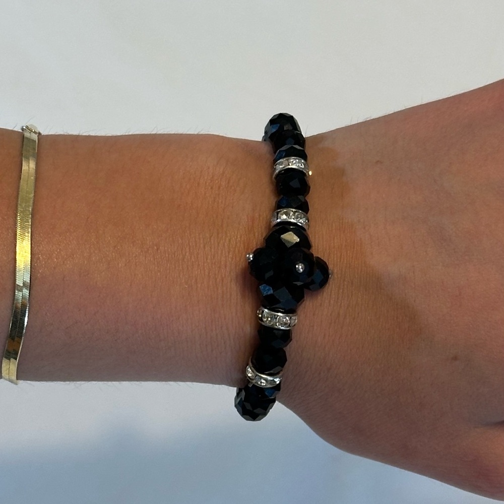 Gold-Toned Bangle and Black White Beaded Bracelet Set